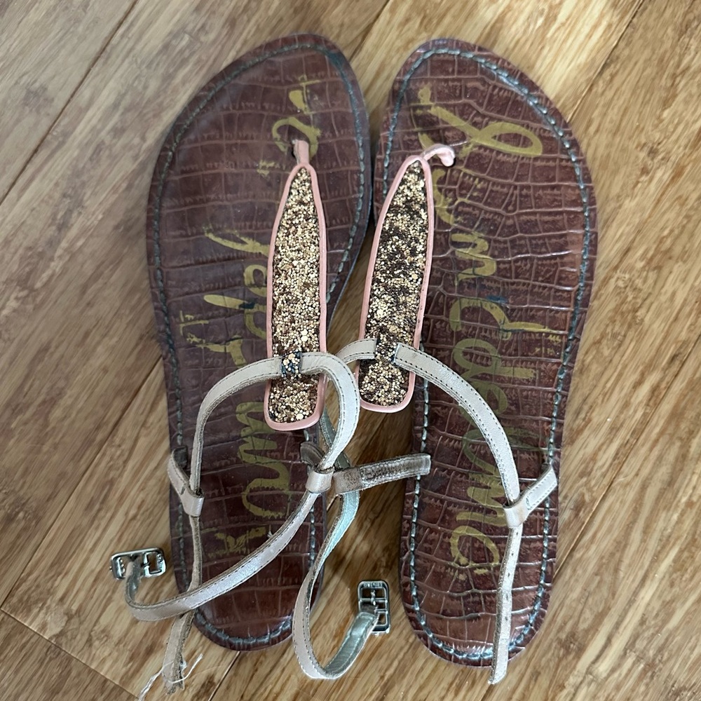 Sam Edelman Gigi Rose Gold Coral Peach Glitter Women’s Thong Sandals - Size 8